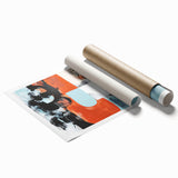 Abstract art print showcasing vibrant splatters in shades of blue, orange, and yellow on a textured background, ideal for modern home decor.