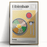 Large art print of various food dishes in gold frames, acrylic, mid-century modernist style.