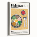 Landscape art painting of assorted colorful food dishes on a black background, framed in silver, ideal for kitchen wall art.