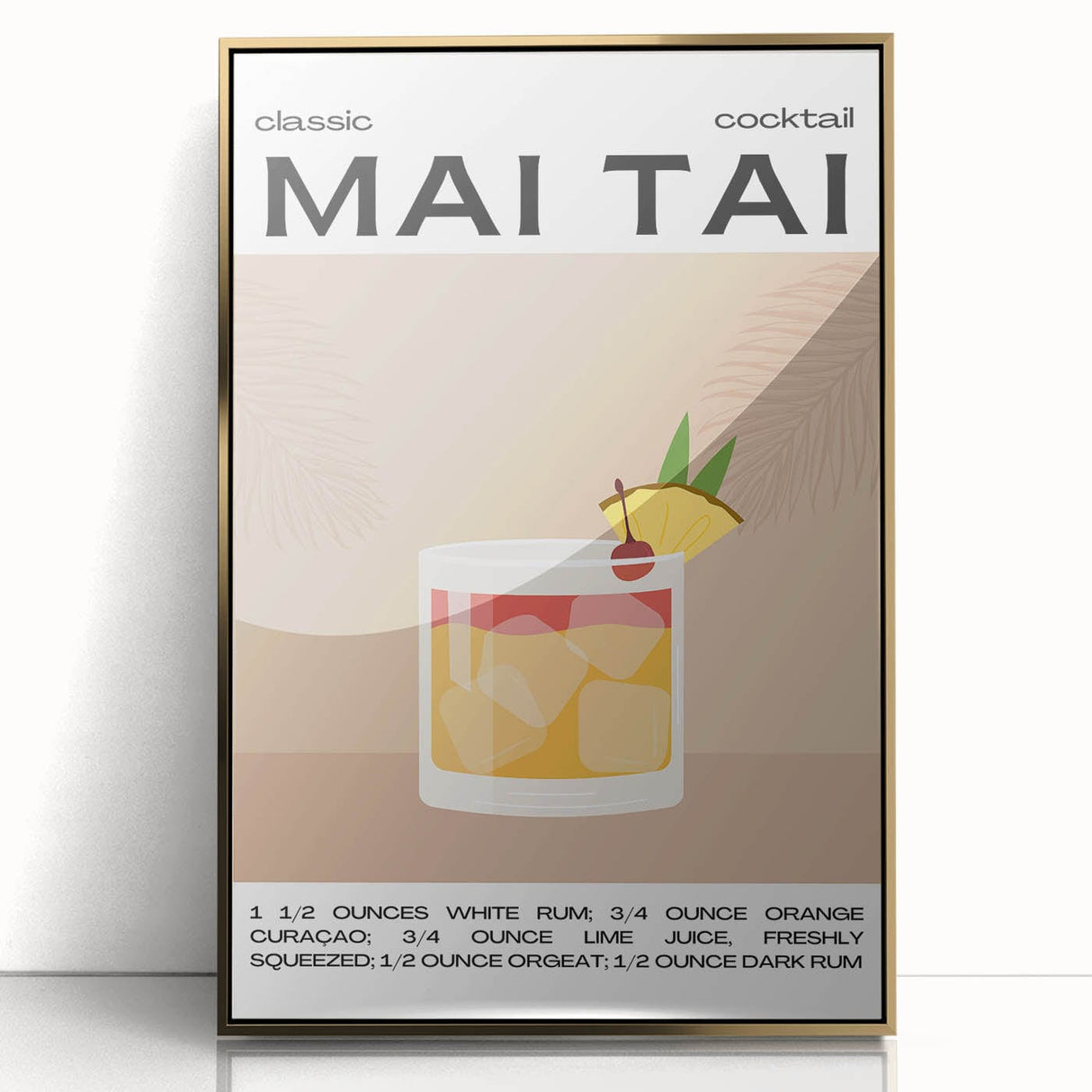 Large art print of a mid-century modernist food and drinks theme in gold tones on acrylic, ideal for modern kitchen decor.