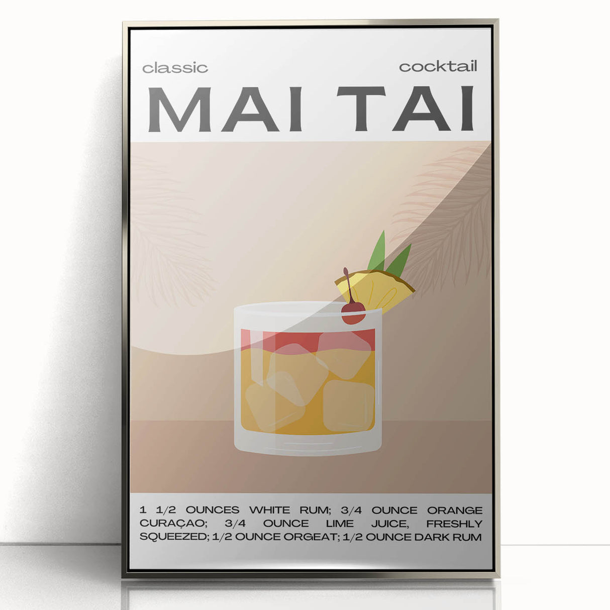 Mid-century modernist art featuring a stylized food and drinks motif in muted colors, framed in silver acrylic.