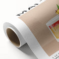 Art deco poster of food and drinks on rolled canvas, featuring muted pastel shades, suitable for dining room wall art.