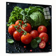 Large abstract wall art featuring assorted fruits in vibrant colors on acrylic glass, suitable for dining room decor.