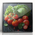 Large abstract wall art featuring assorted fruits in bold colors on a black acrylic frame, ideal for kitchen decor.