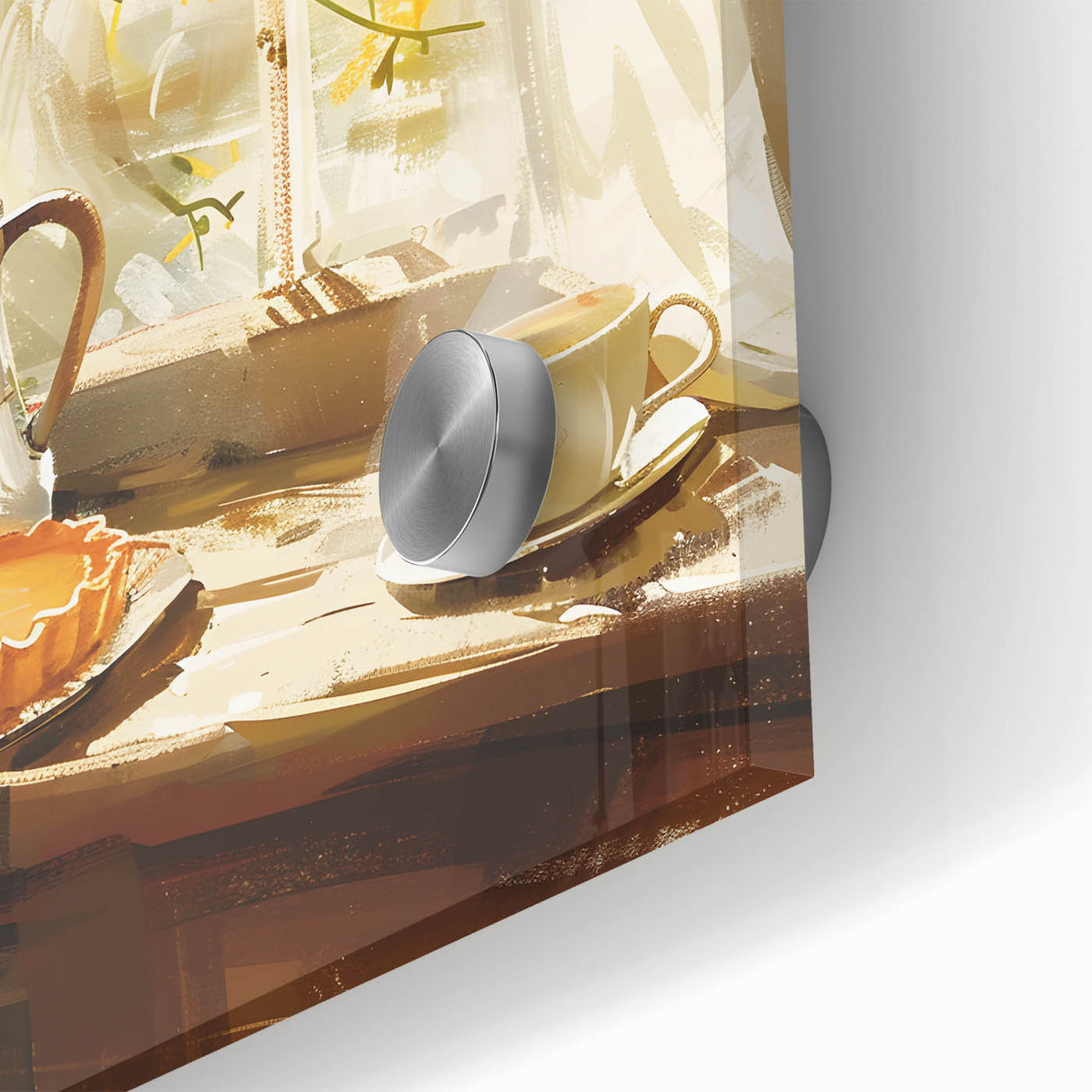 Close-up of large abstract wall art featuring assorted pastries in vibrant colors on acrylic glass.