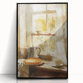 Large abstract wall art featuring assorted pastries in muted colors, presented in a black framed acrylic.
