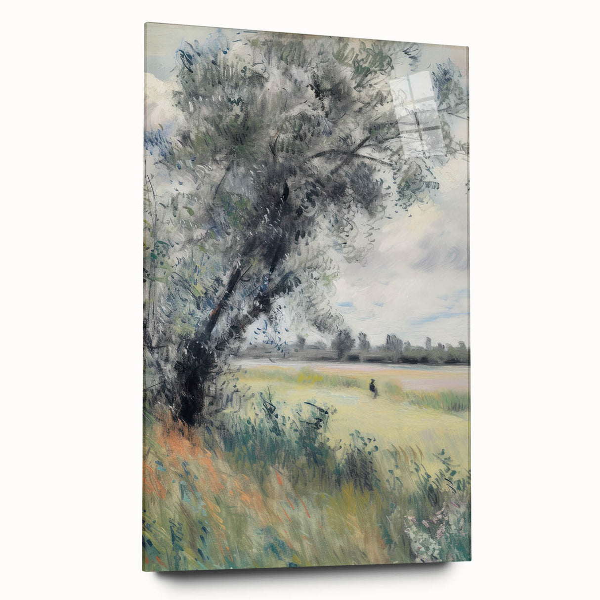 Acrylic glass landscape art piece showcasing vibrant colors and intricate details, displayed in a side view orientation, emphasizing its sleek design and modern aesthetic. Perfect for enhancing contemporary home decor.