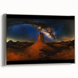 Framed canvas artwork showcasing a stunning desert landscape with vibrant colors, elegantly bordered in silver, perfect for home decor or office ambiance.