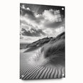 Acrylic glass artwork showcasing a stunning side view of serene dunes, featuring soft beige and gold tones, elegantly mounted with pins for a modern display.