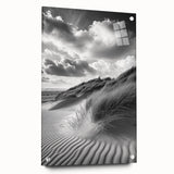 Acrylic glass artwork showcasing a stunning side view of serene dunes, featuring soft beige and gold tones, elegantly mounted with pins for a modern display.