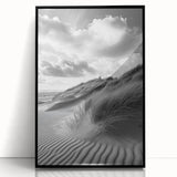 Framed acrylic artwork showcasing a serene landscape of sand dunes, featuring soft beige and golden hues, designed to enhance modern interiors with its elegant presentation.