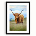 Black frame showcasing a landscape print featuring vibrant green fields under a blue sky, designed with a white mat for a polished look. Ideal for home decor.