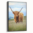 Framed canvas artwork showcasing a serene landscape with vibrant fields in rich greens and yellows, displayed in a sleek black frame, ideal for home decor.