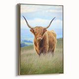 Framed canvas artwork depicting a serene landscape with lush green fields, featuring a gold frame that enhances the vibrant colors, perfect for home decor.