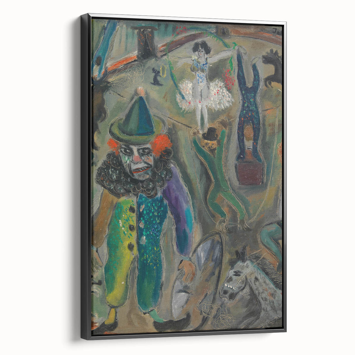 Expressive Circus Scene Art Print – Modern Clown & Performers Design