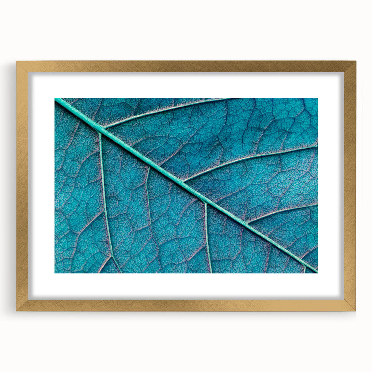 Extra large abstract art print of textured leaves in gold frame, ideal for living room decor.