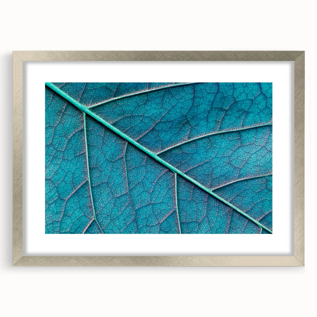 Textured art depicting close-up leaves in abstract style, framed in silver, suitable for bedroom decor.