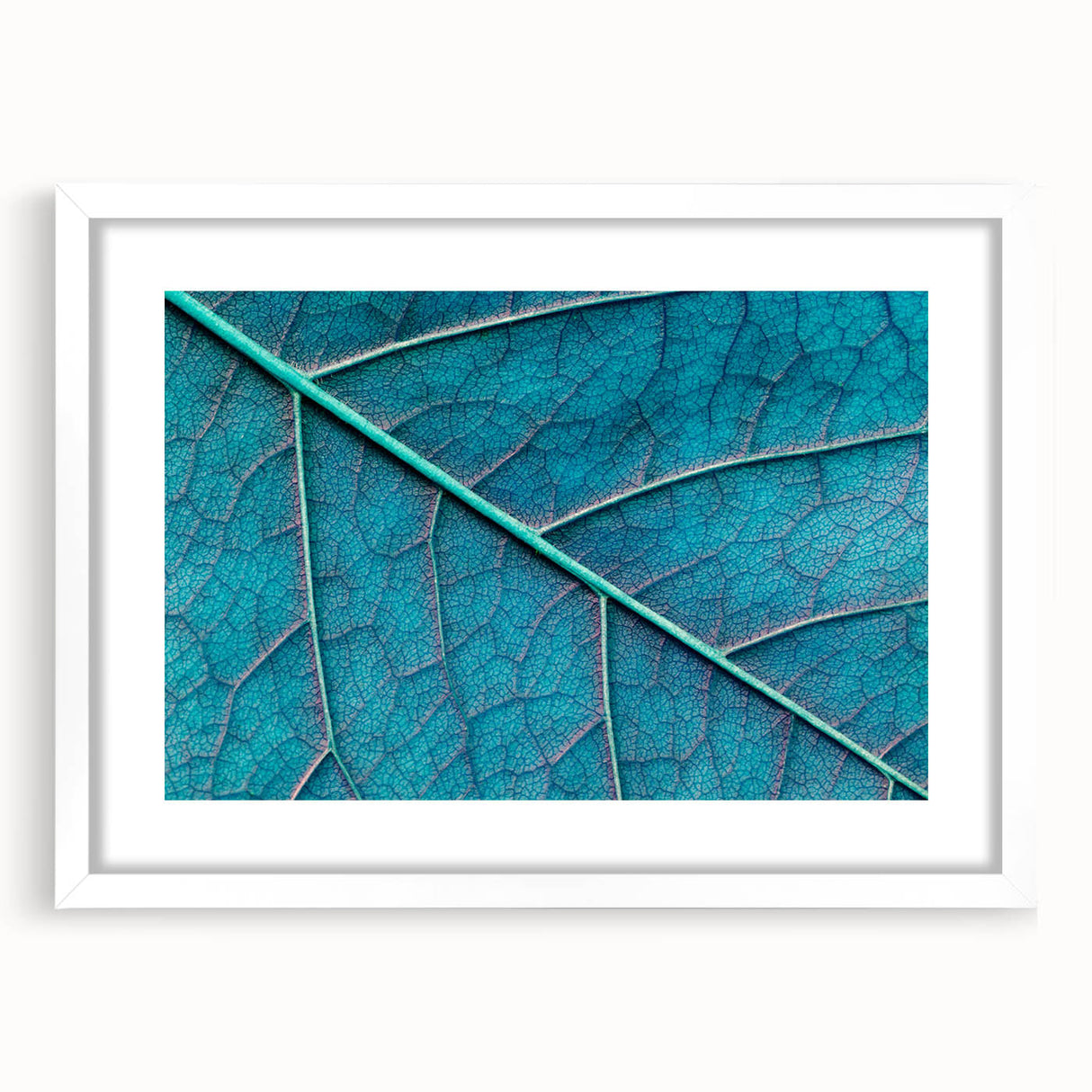 Abstract art print of close-up leaves in muted green and brown tones, framed in white, suitable for dining room decor.