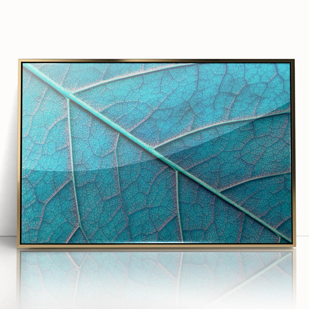 Framed acrylic print of close-up green leaves, in mid-century modernist style, suitable for modern nursery decor.