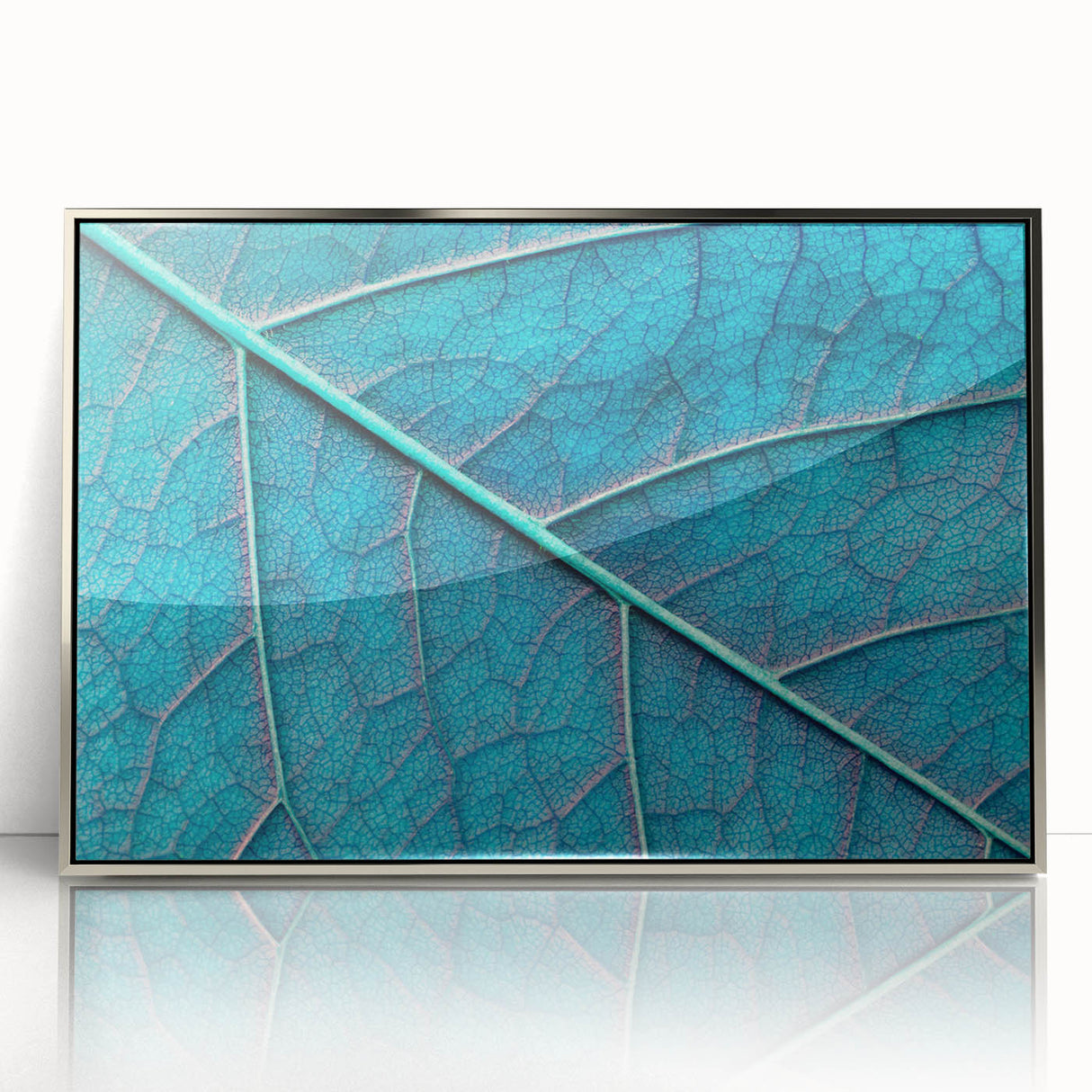 Mid-century modernist art depicting close-ups of leaves in silver acrylic frame, suitable for nursery wall art.