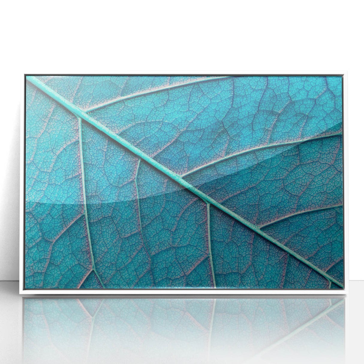 Art deco poster featuring close-up of leaves in muted green tones, acrylic print framed in white.