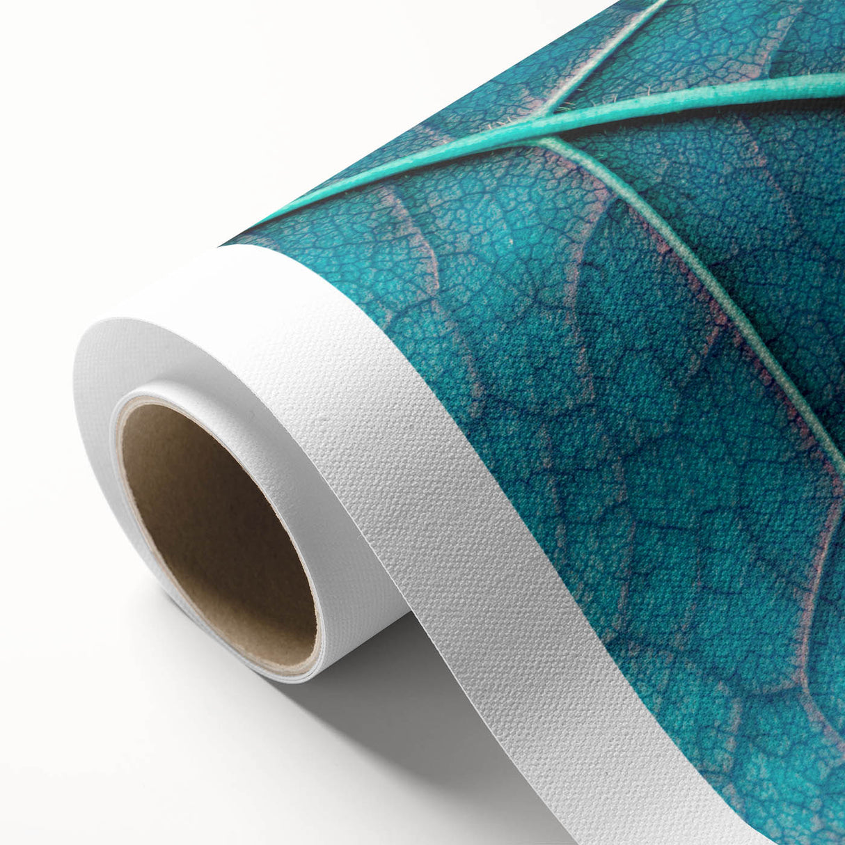 Art deco poster of close-up leaves in soft green hues on rolled canvas, ideal for nursery wall art.