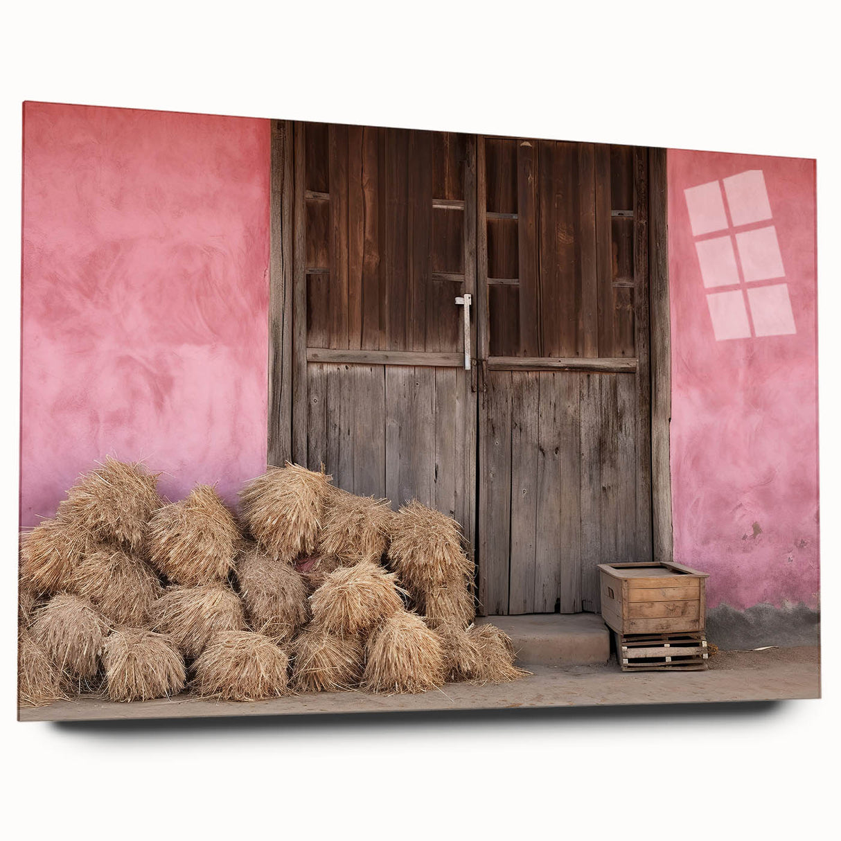 Large abstract wall art of a European Albanian scenery in muted earth tones on acrylic glass.