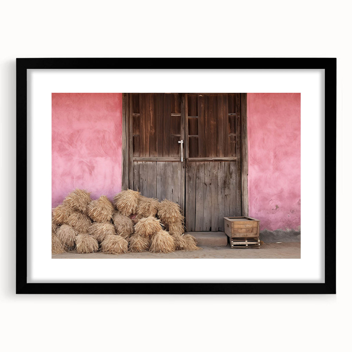 Extra large abstract art print of a colorful, textured European scenery on a black framed canvas.