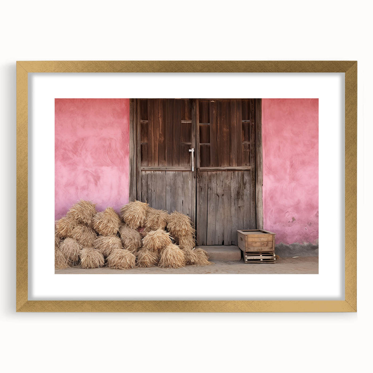 Abstract art print of a European scenery in muted gold and green tones, framed in gold, ideal for dining room decor.