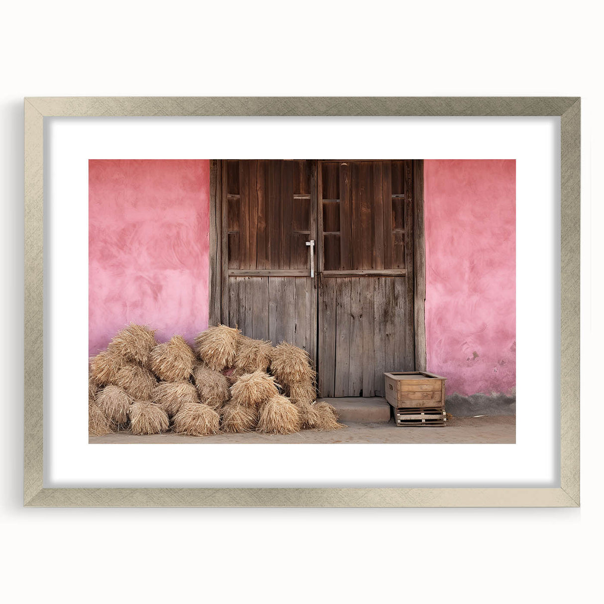 Extra large abstract art print of a European scenery in textured silver frame, ideal for living room decor.