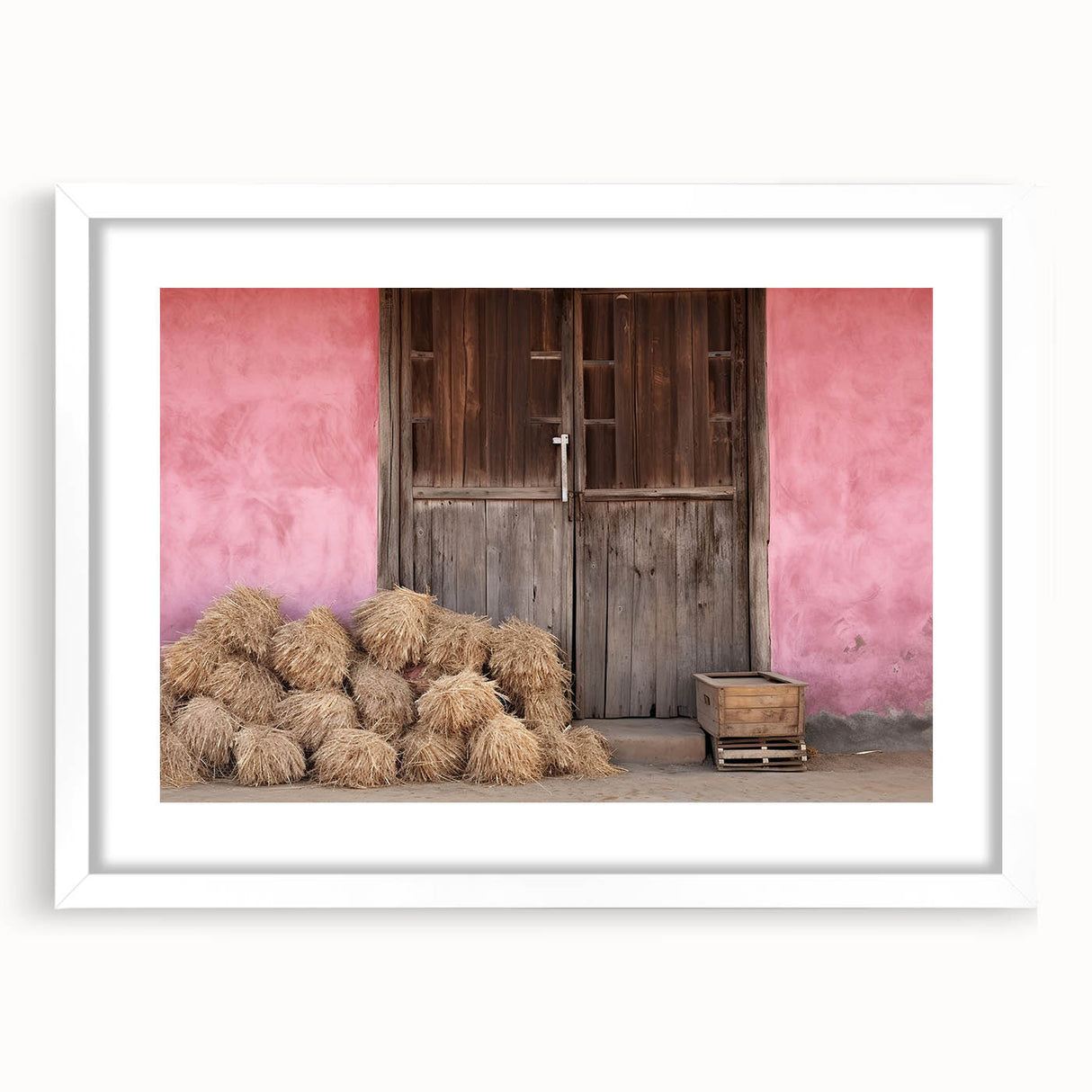 Textured abstract art print of a European scenery in muted earth tones, framed with a white mat, suitable for bedroom decor.