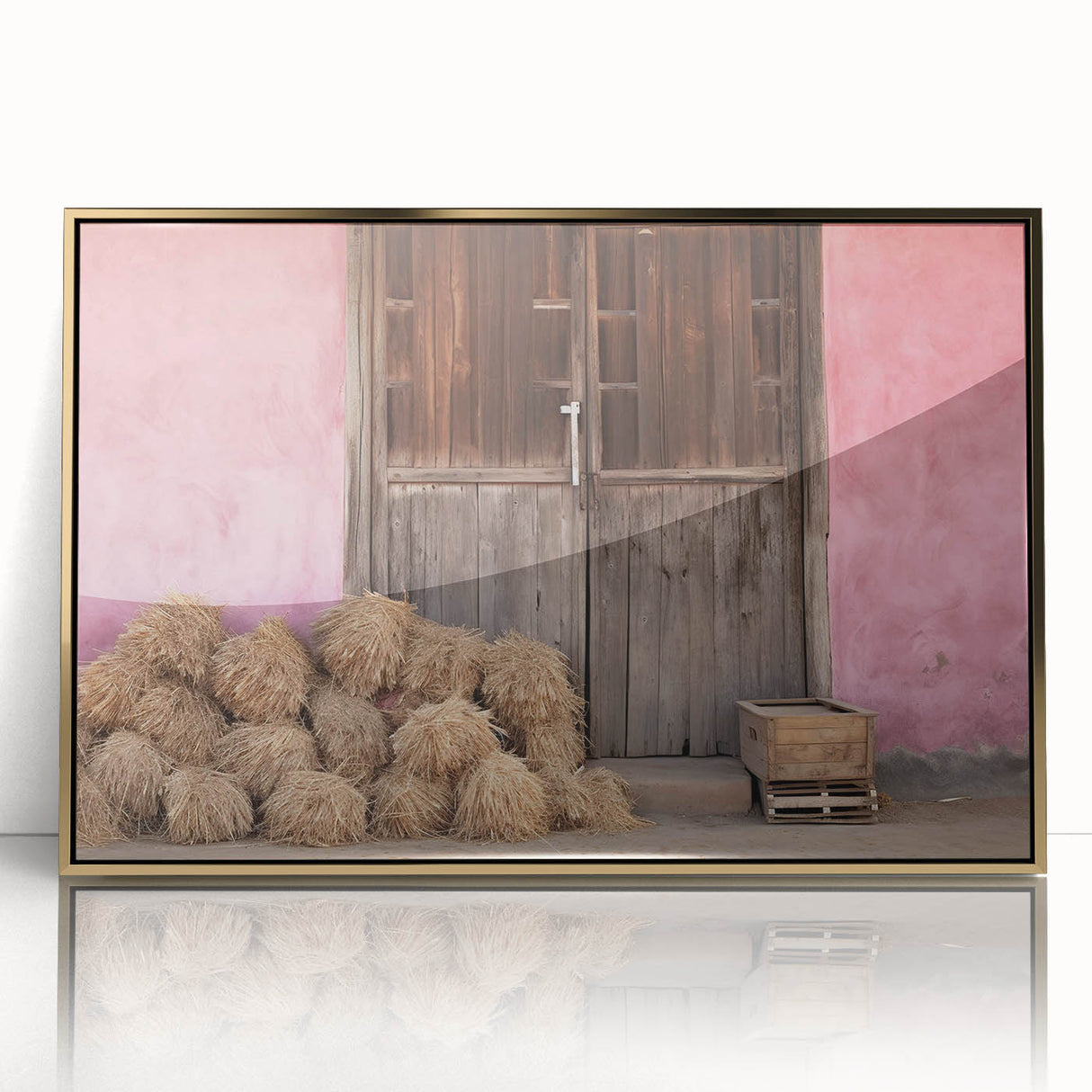 Art deco poster featuring a European Albania scenery in muted gold tones on framed acrylic.