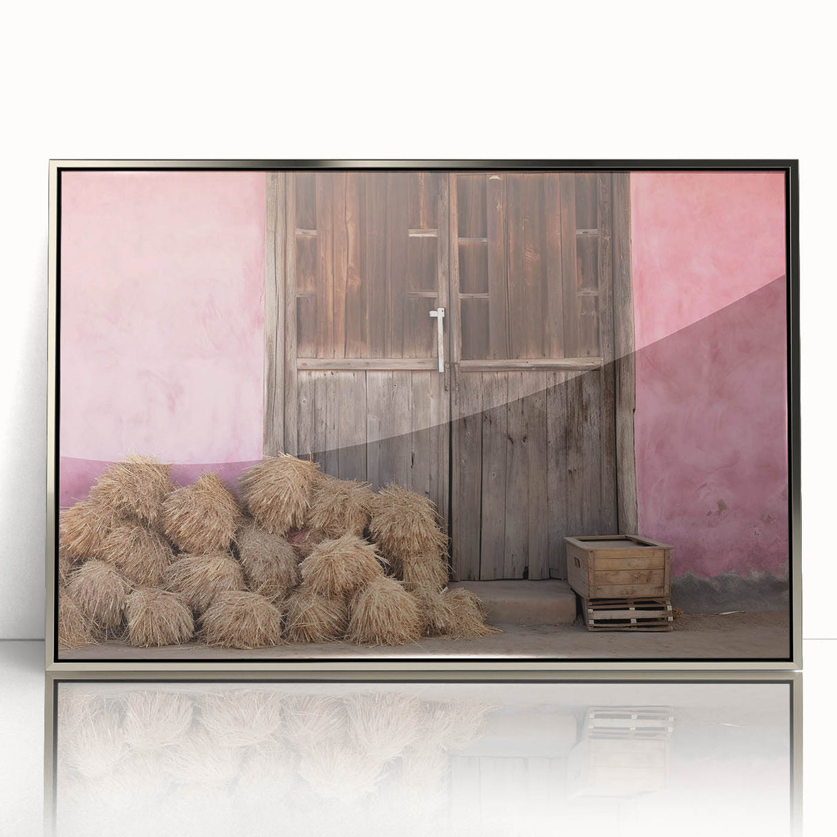 Large art print of a European Albanian scenery in silver-framed acrylic, featuring mid-century modernist style.