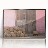 Large art print of a European Albanian scenery in silver-framed acrylic, featuring mid-century modernist style.