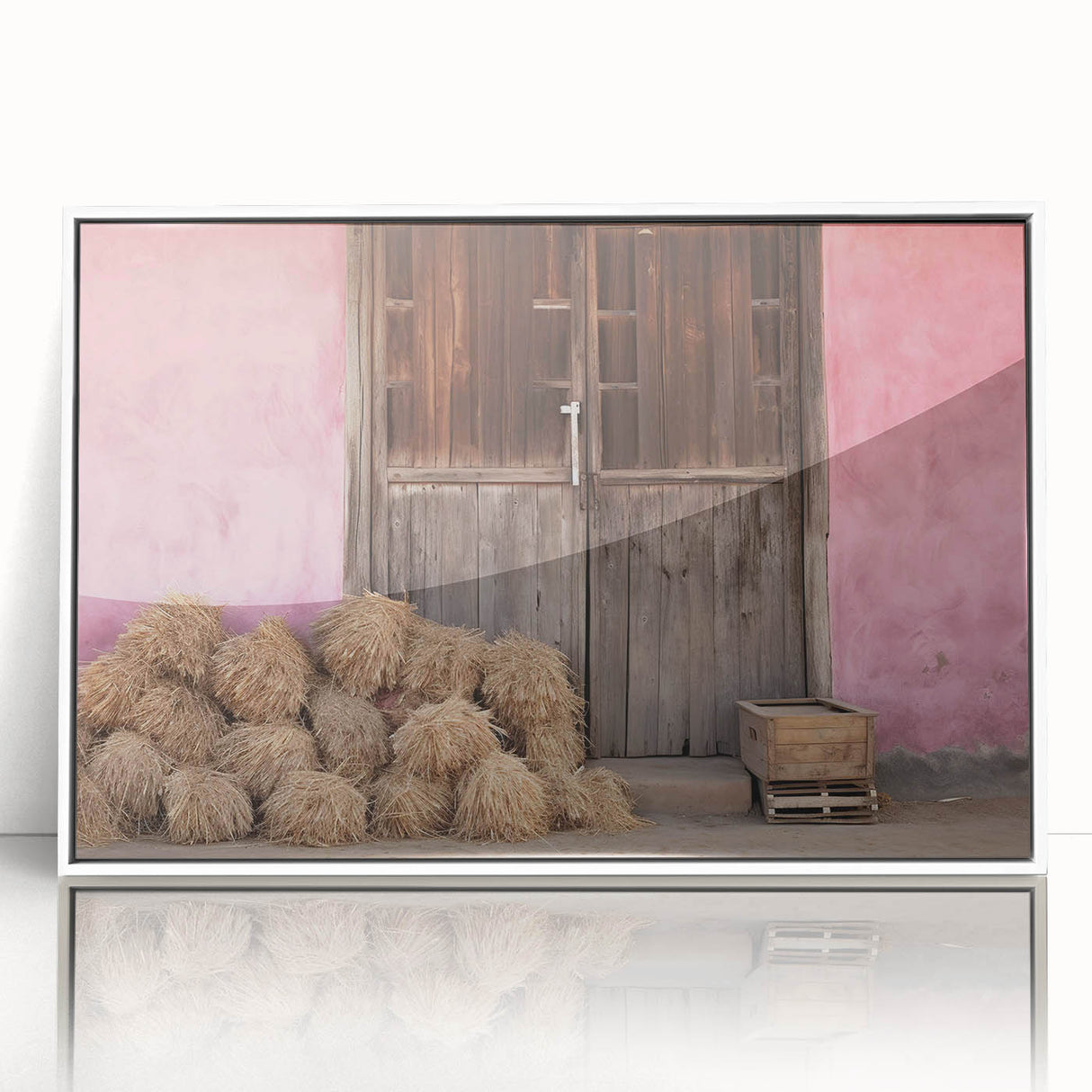 Mid-century modernist art depicting a serene Albanian landscape in soft pastel colors, framed in white acrylic.