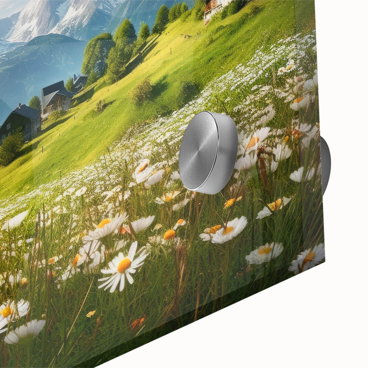 Large abstract wall art of a European scenery in Austria, depicted in mid-century modernist style on acrylic glass.