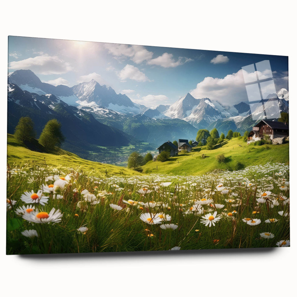 Large abstract wall art of a European scenery in Austria, with muted earth tones on acrylic glass.