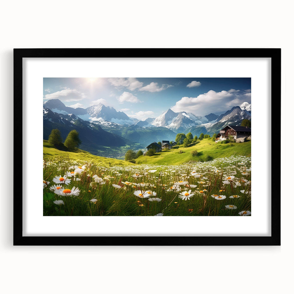 Extra large abstract art print depicting a colorful, textured European scenery on a black framed canvas.