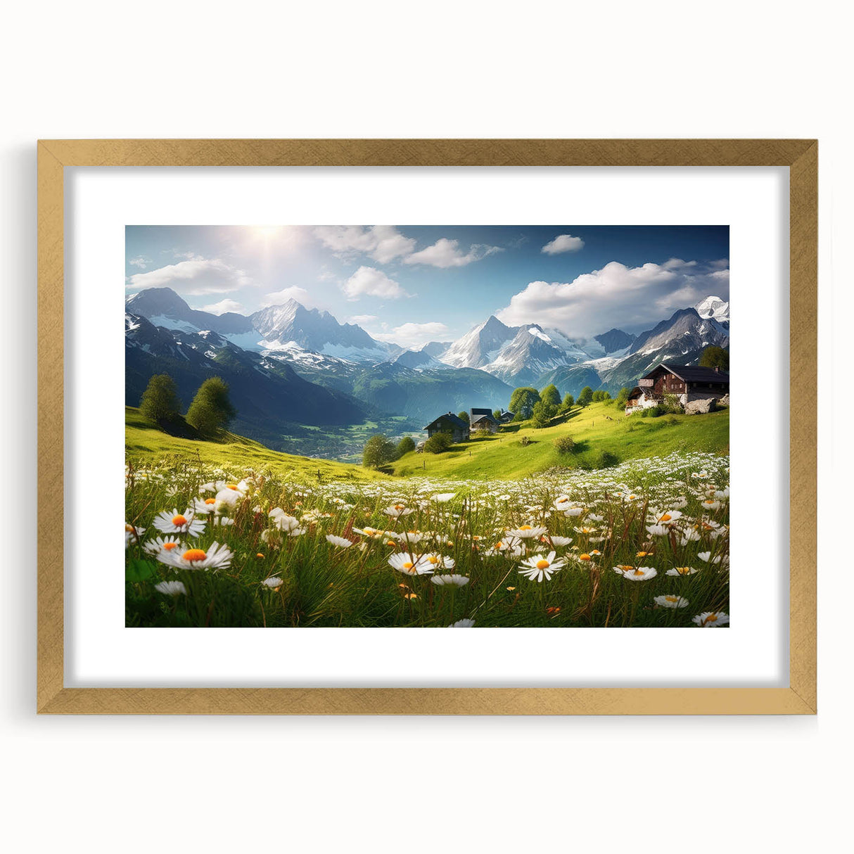 Abstract art print of a European landscape in muted earth tones on a framed canvas, ideal for dining room decor.