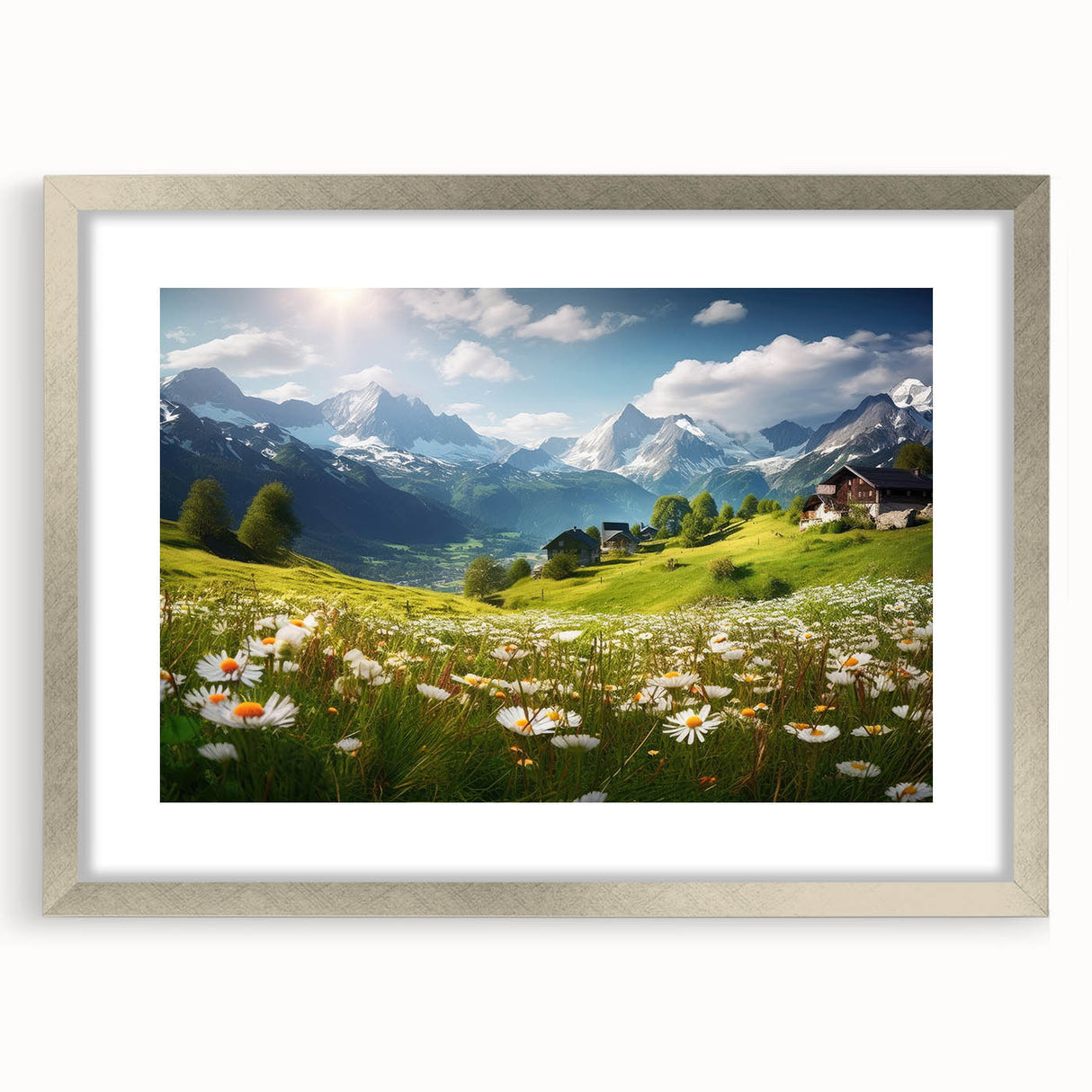 Extra large abstract art print of a textured European scenery in muted earth tones, framed with a silver mat.