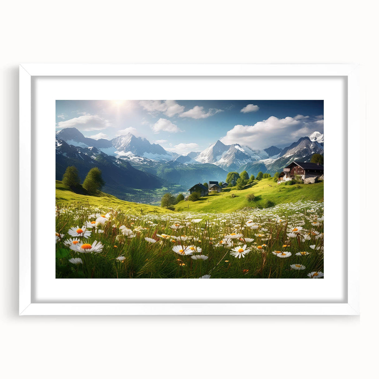 Textured abstract art print depicting a European landscape in muted earth tones, framed with a white mat.