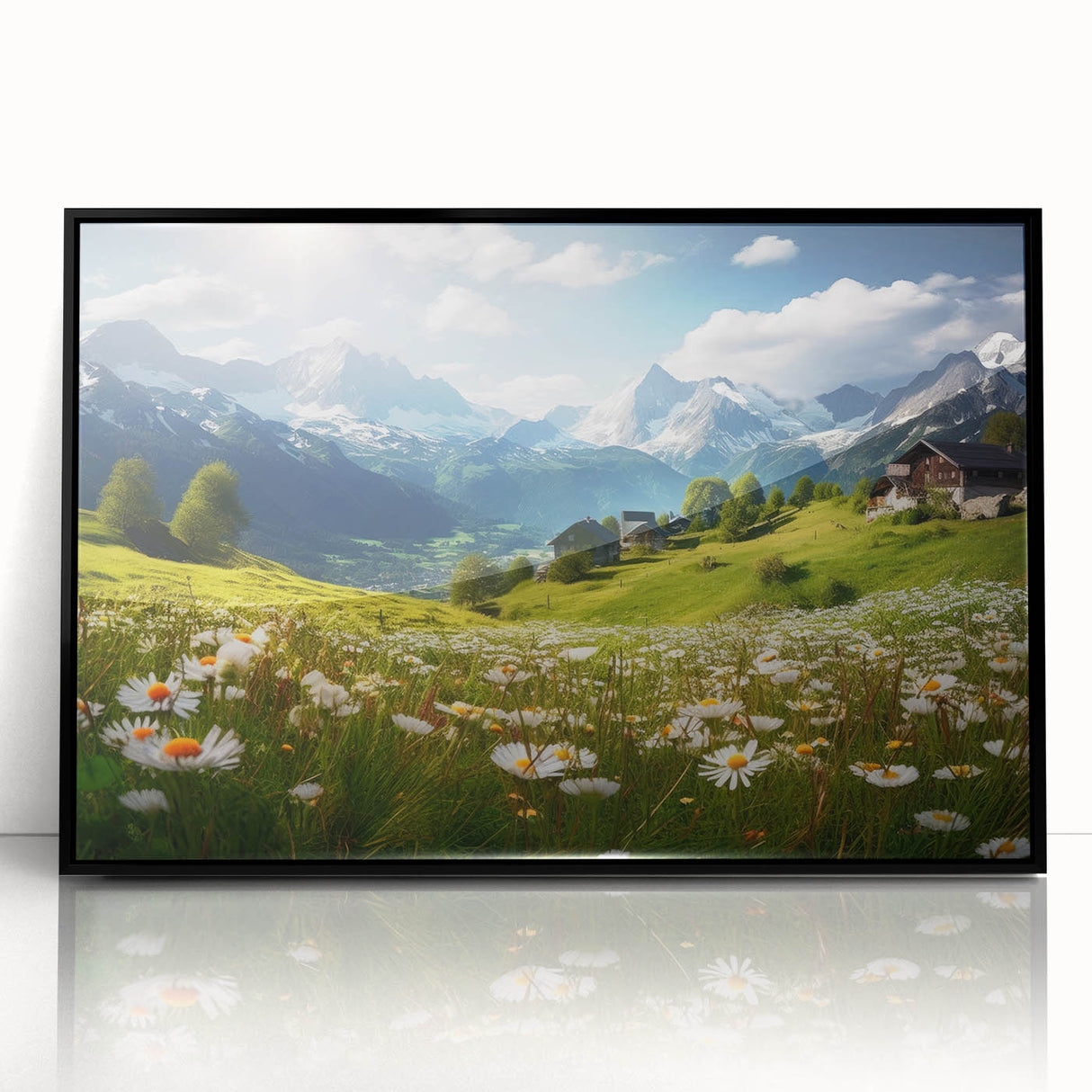 Large abstract wall art depicting a stylized European scenery in muted earth tones on a framed acrylic.