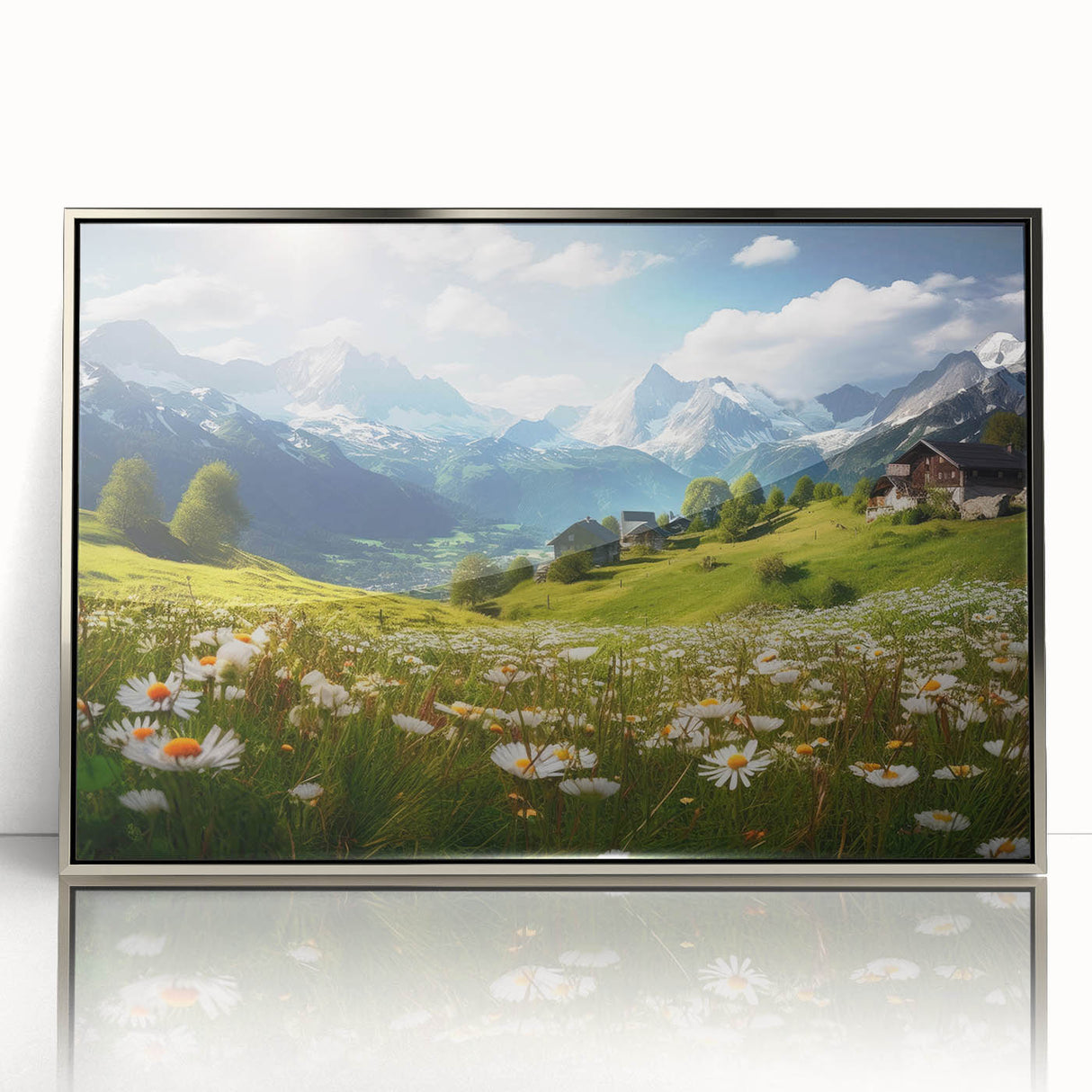 Large art print of a European Austrian landscape in mid-century modernist style, framed in silver acrylic.