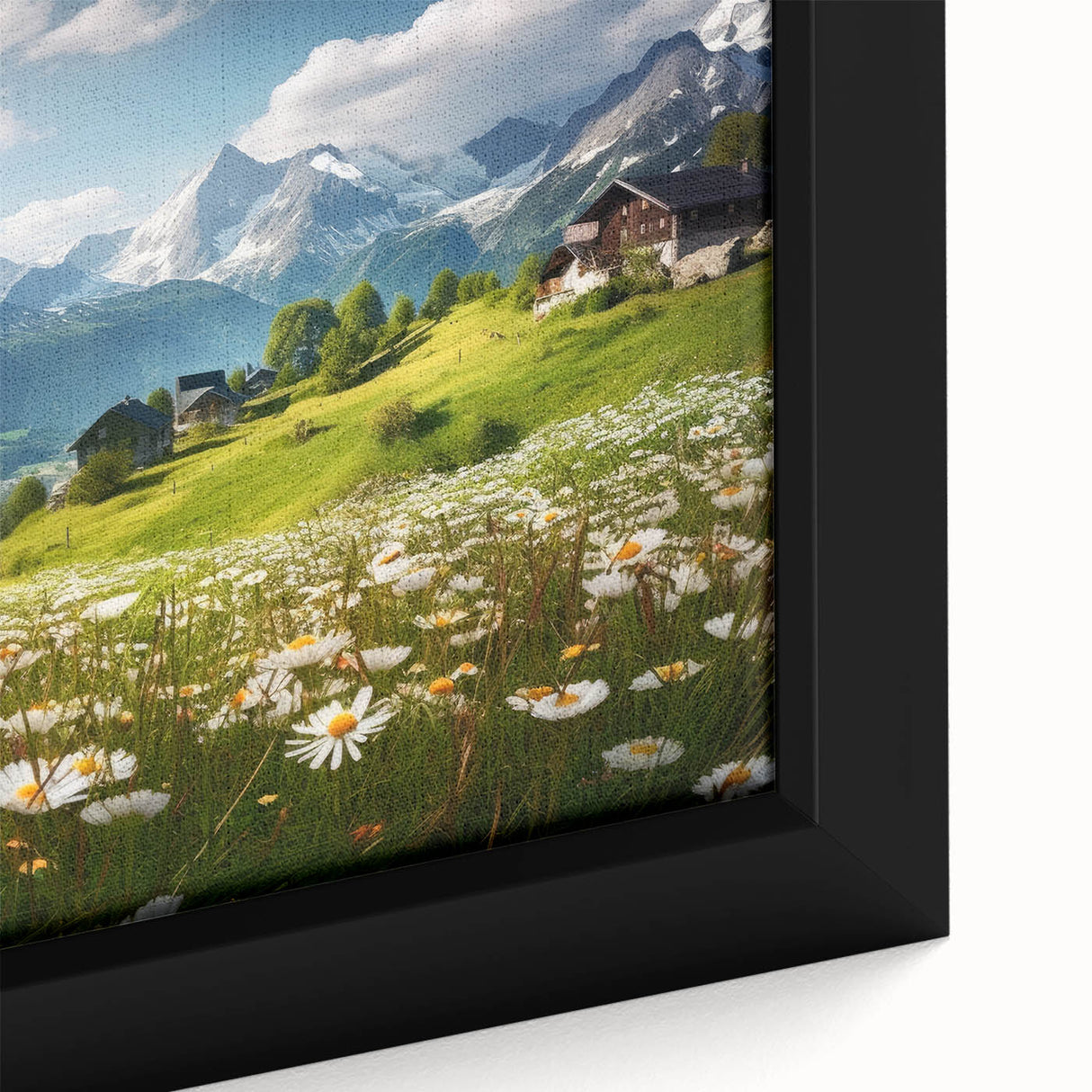 Extra large framed canvas of a textured, colorful Austrian landscape in black, ideal for living room decor.
