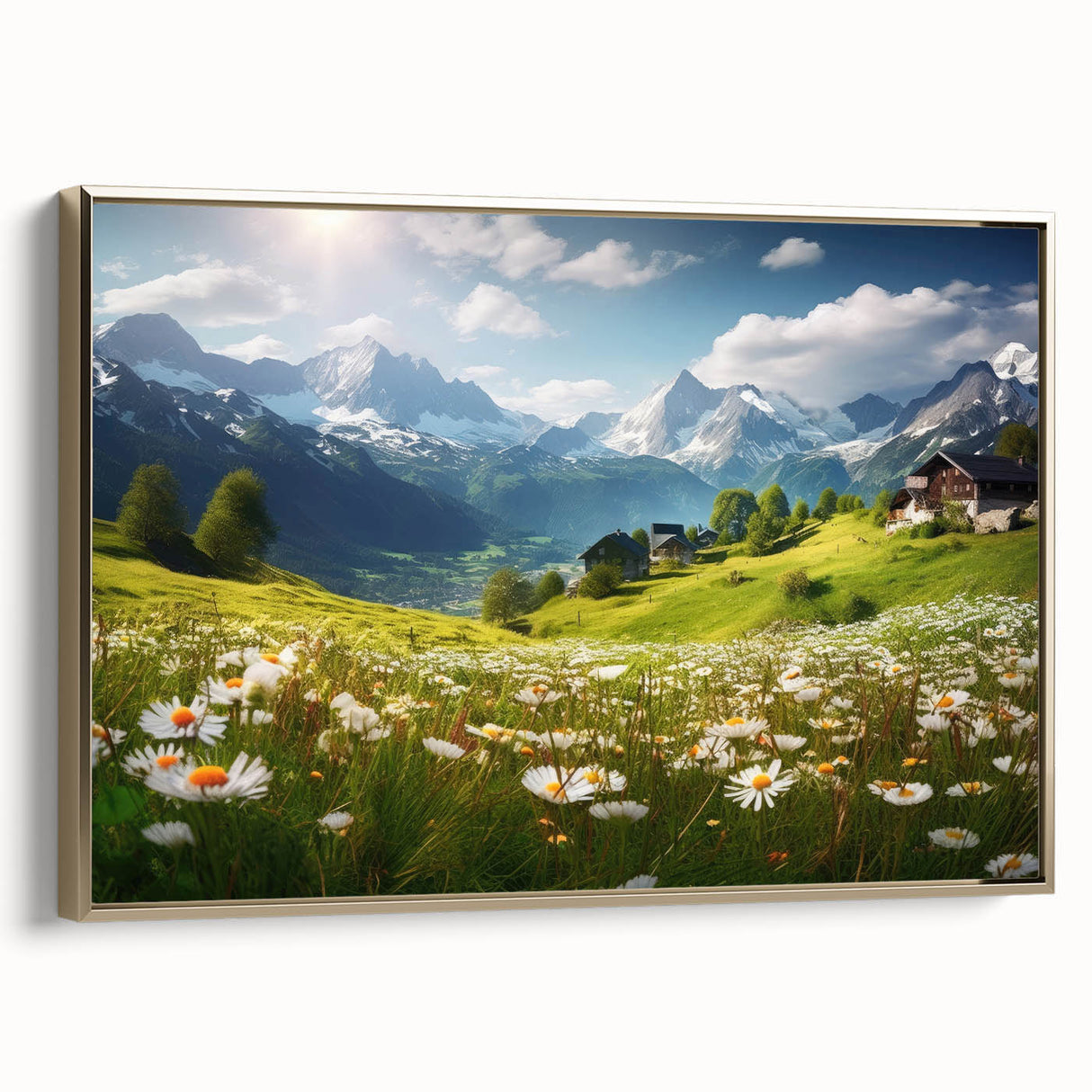 Framed canvas wall art depicting a vintage-style Austrian landscape in muted gold and black tones, ideal for bedroom decor.