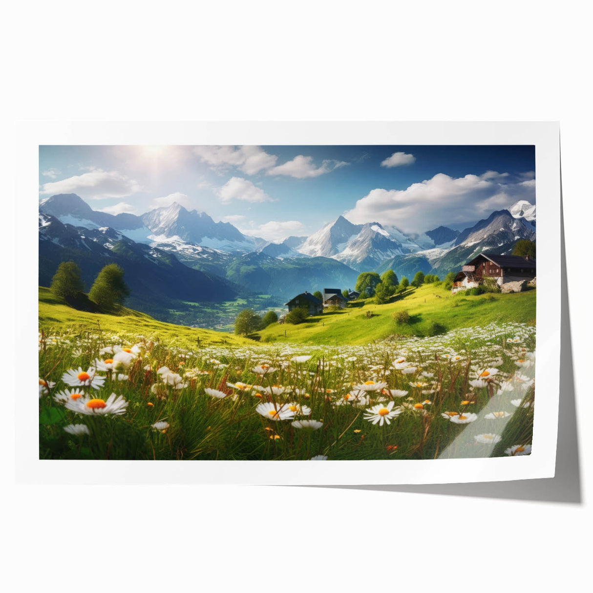 Extra large rolled print of a scenic Austrian landscape with vibrant green fields and a distant mountain range.