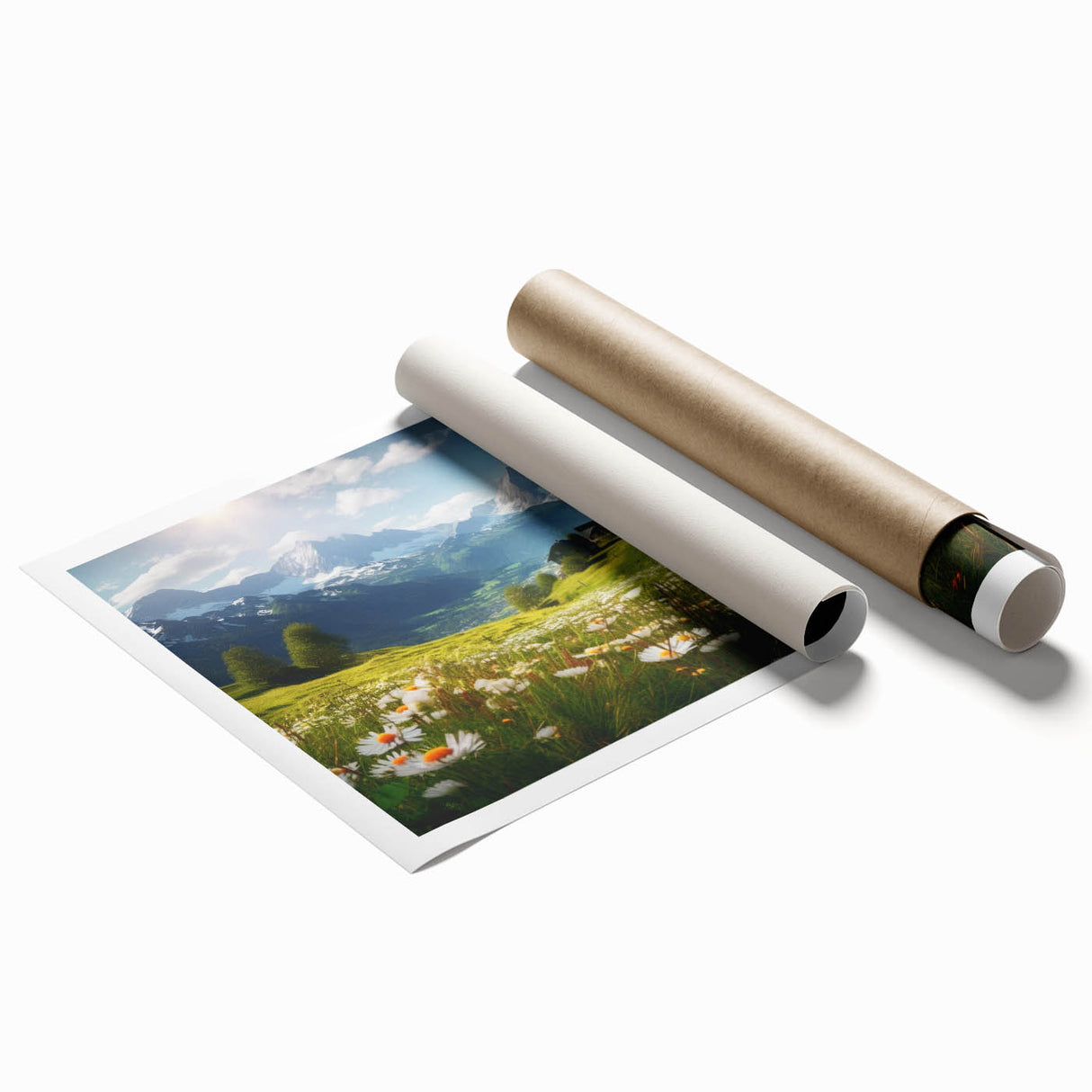 Extra large rolled print of a scenic Austrian village with vibrant floral foreground, ideal for classy bathroom wall art.