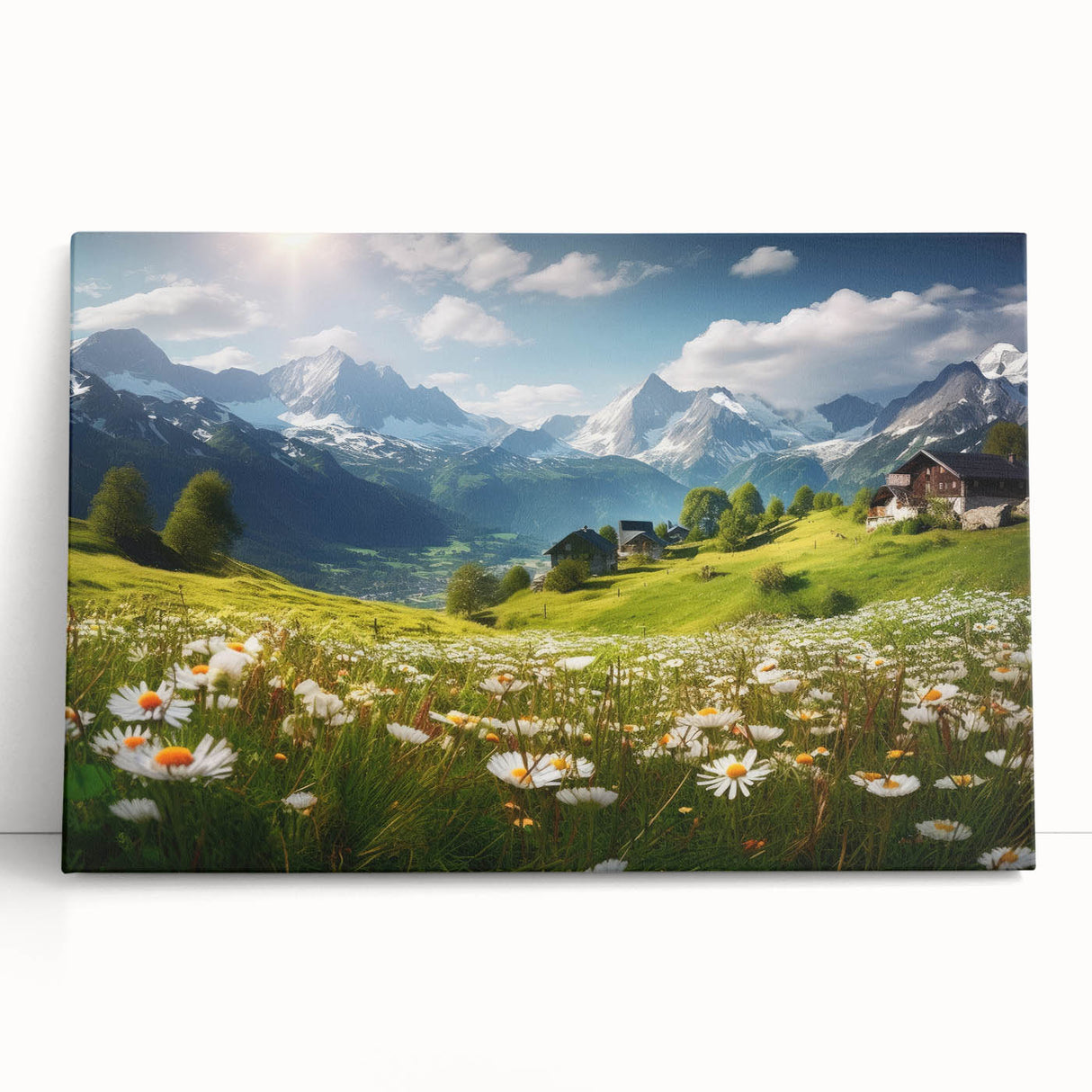 Black and white photo of a European street scene on a large stretched canvas, suited as kitchen wall art.