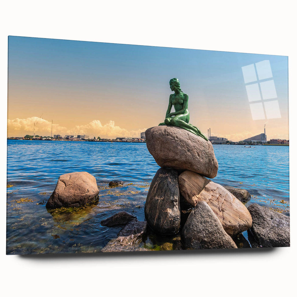 Large abstract wall art of a European scenery in Denmark, depicted in muted blue and green tones on acrylic glass.