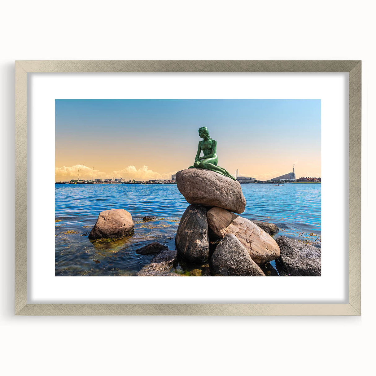 Extra large abstract art print of a textured European scenery in muted earth tones, framed in silver.